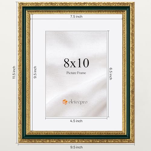 Image of eletecpro 8x10 Vintage Picture Frame, Glass Cover, Green Gold, 2-Pack | Display Photo 5x7 with Mat or 8x10 without, Horizontal or Vertical, Tabletop or Wall Decor