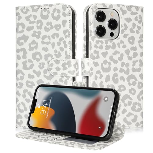 Image of for iPhone 13 Pro Case Wallet with Card Holder,for iPhone 13 Pro Wallet Case for Women Men,PU Leather Shockproof Magnetic Buckle Stand Flip Phone Case-White Leopard