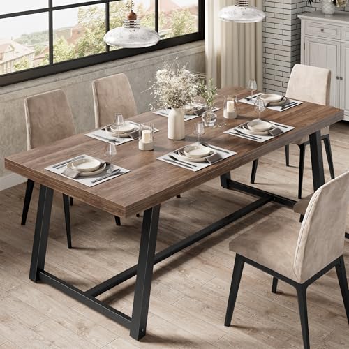 IRONCK 71" Dining Table for 6-8 People, Industrial Kitchen Table with Sturdy Metal Frame, Rectangular Brown Wood Dinner Table for Dining Room
