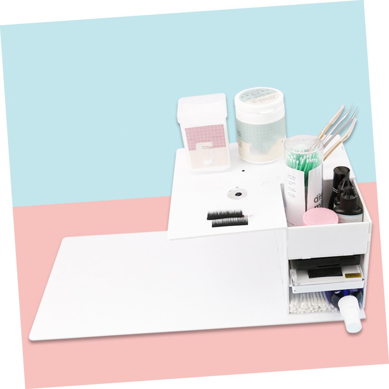 Console Acrylique Blanche pour Extension de Cils Rangement Organisé et Compartiments Multiples, pour Salon de Beauté et Usage à Domicile