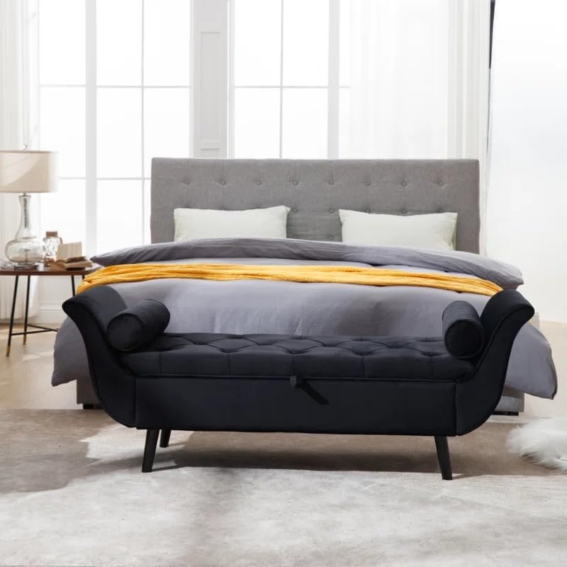 Morriss Ottoman with Storage Velvet Upholstered Storage Bench Sofa Bench Sofa couches Tufted Handle Ottoman Bench Chaise Lounger Pouffe for Living Room Bedroom Office (Black)-image-21