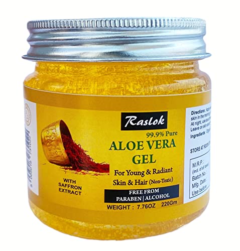 Raslok Aloe Vera Gel | 100% Pure and Natural Aloe Gel | For Moisturizing Face Skin & Hair Care | Durable Moisturizing Hydrating Soothing | Non-Sticky (Saffron, 7.76 OZ)