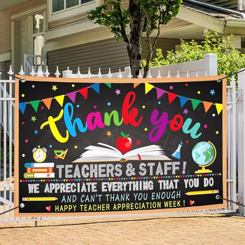 Image of Happy Teacher Day Banner Teacher Appreciation Week Decorations Flag Outdoor 71x44 Inch School Classroom Backdrop,Thank You Teacher Gifts for Indoor Home Party Supplies,Yard Sign Photography Background