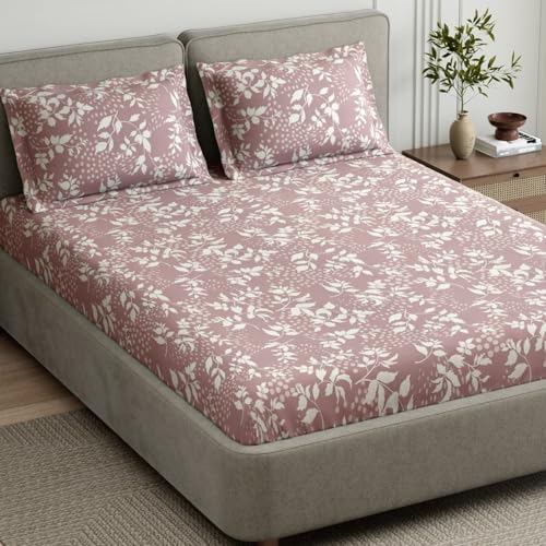 Image of Haus & Kinder King Size Bedsheet for Double Bed with 2 Pillow Covers 108 x 108 Inches | 144 TC Cotton Bedsheet for King Size Bed - Wine Foliage