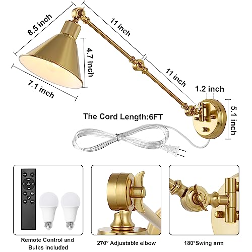 Image of TRLIFE Wall Sconce with Remote Control, Brushed Brass Plug in Wall Sconces Dimmable and Adjustable Color Temperature 2700K-6000K, Swing Arm Wall Lights with Plug in Cord, UL Listed(2 Pack, 2 Bulbs)
