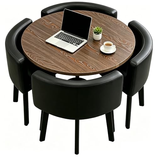 XYYZZZ Office Conference Room Coffee Table Set w/ 4 Chair, Space-Saving Furniture Club Business Hotel Lobby Reception Round Wooden Dining Table Set, Small Meeting Room Negotiation Desk(Black Leather)