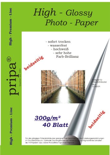 pripa 40 Sheets Photo Paper DIN A4 300 g/m² Glossy on Both Sides – Dries Immediately – Waterproof – Very High Colour Brilliance for Inkjet – Inks – Printers