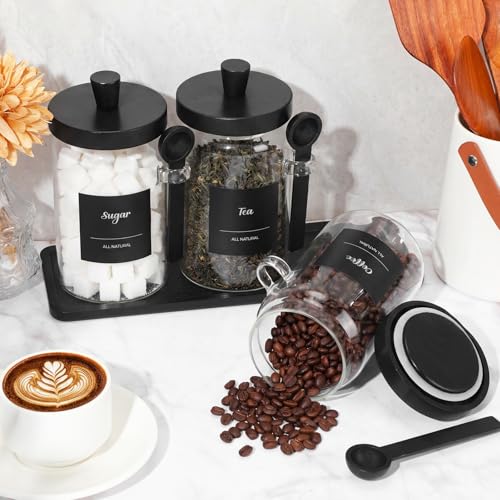 Image of Suclain 3 Pcs Glass Coffee Container Set, 25 oz, Black Bamboo | Coffee Tea Sugar Canister Set, Airtight Jar Food Storage with Wood Spoon Tray Labels, Kitchen Counter Bar Organization