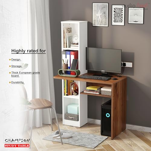 Image of Studio Kook Champion Engineered Wood Study Table with Storage, Matte Finish, 5 Shelves (Moonshine White Amber Walnut)