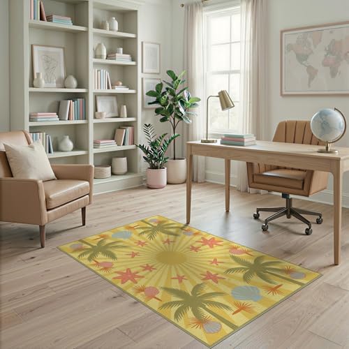ODIKA 4'x6' Washable Graphic Palm Tree Accent Rug, Orange Non-Shedding Small Carpet for Playroom, Bedroom, Reading Nook, Pet Friendly & Non-Slip | Ref:1993008