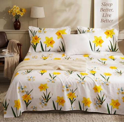 Image of BSB HOME 240 TC Cotton Bedsheet with 2 Pillow Covers, Soft Breathable Floral King Size Flat Bed Sheet - 90 x 100 Inches (228 x 254 cm) (Daffodil Yellow)