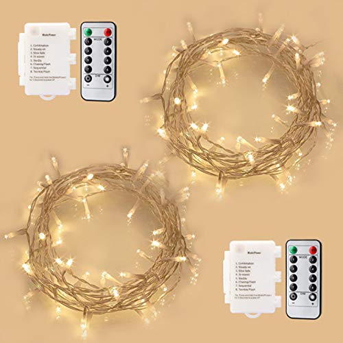 STARKER 2 Pack 16ft 50 LED Outdoor String Lights Waterproof Battery Operated 8 Mode Fairy Lights Dimmable with Remote and Timer for Bedroom Christmas Wedding Party Festival Tree Decoration