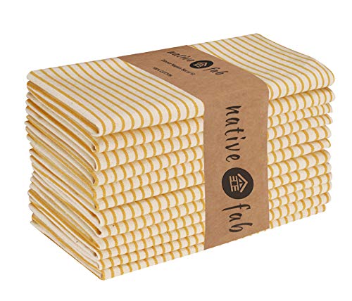 Native Fab Set of 12 Farmhouse Stripe Cloth Dinner Napkins Cotton 18x18 Absorbent Soft Restaurant Hotel Quality, Everyday Use Easy Care Washable Wedding Dinner Napkins Yellow Beige