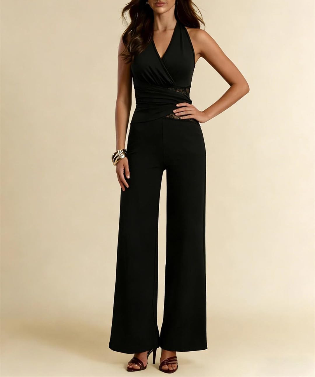 Yeuyyben Enterizo de encaje con cuello en V y pierna ancha para mujer, informal, elegante, para fiesta, verano