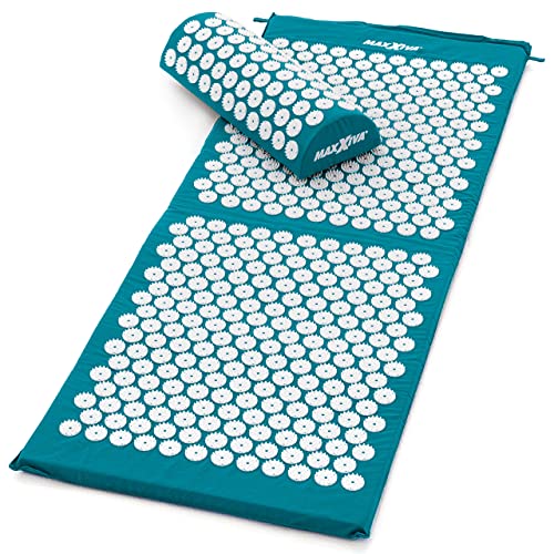 MAXXIVA® Akupressur-Set Matte 130 x 50 cm mit Kissen Yantramatte Fakirmatte stimuliert die Durchblutung löst Verspannungen Farbe wählbar (Petrol)