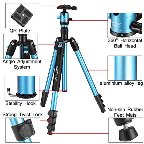 MACTREM Professional Camera Tripod with Phone Mount, 62" DSLR Tripod for Travel, Super Lightweight and Reliable Stability, Ball Head Tripod Detachable Monopod with Carry Bag (Blue)