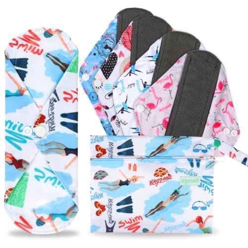 Image of wegreeco Reusable Menstrual Pads, Incontinence Sanitary Period Cloth Pads for Women, Reusable Washable Feminine Panty Liners Heavy Flow, Charcoal, 5 Pack, 1 Cloth Wet Bag (Large, Dynamic)