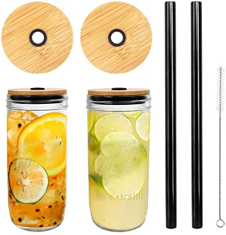 ANOTION Mason Jar with Lid & Straw, 24oz Wide Mouth Drinking Glasses Tumbler Silicone Sleeve Bamboo Lid, Reusable Boba Cups Travel Bottle for Iced Coffee Large Pearl Juices, Transparent & Golden