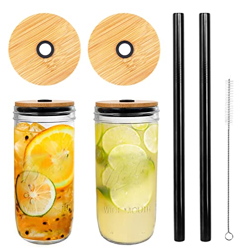 Mason Jar with Lid and Straw, 24oz Wide Mouth Mason Jar Drinking Glasses Tumbler, Black Silicone Sleeve Bamboo Lid, Reusable Boba Cups Travel Bottle for Iced Coffee Large Pearl Juices Cocktail