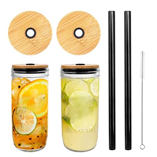 Mason-burk med lock och sugrör, 7 dl bred mun glasburk dricksglas glas, svart silikonärm bambulock, återanvändbara Boba-koppar reseflaska för iskaffe stora pärljuicer cocktail