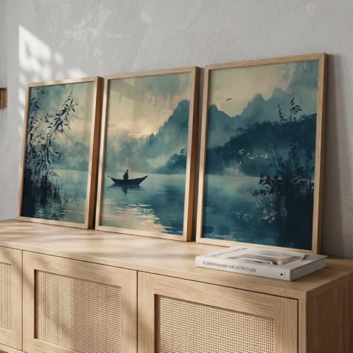 Image of kotart Big Aesthetic Nature Art Wall Framed Posters | Japanese Nature View Framed Poster for Living Room Bedroom Wall Decor Set Of 3 (10X13 inch)