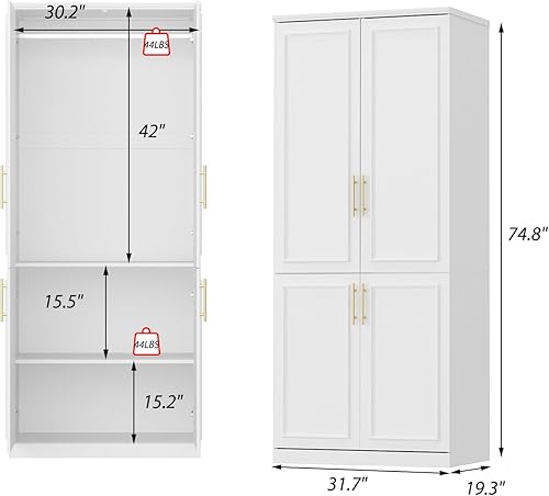 Miniatura 2 de WOODTIME Armario con barra para colgar, moderno armario de madera con 4 puertas enmarcadas y 3 estantes grandes, organizador de armario de