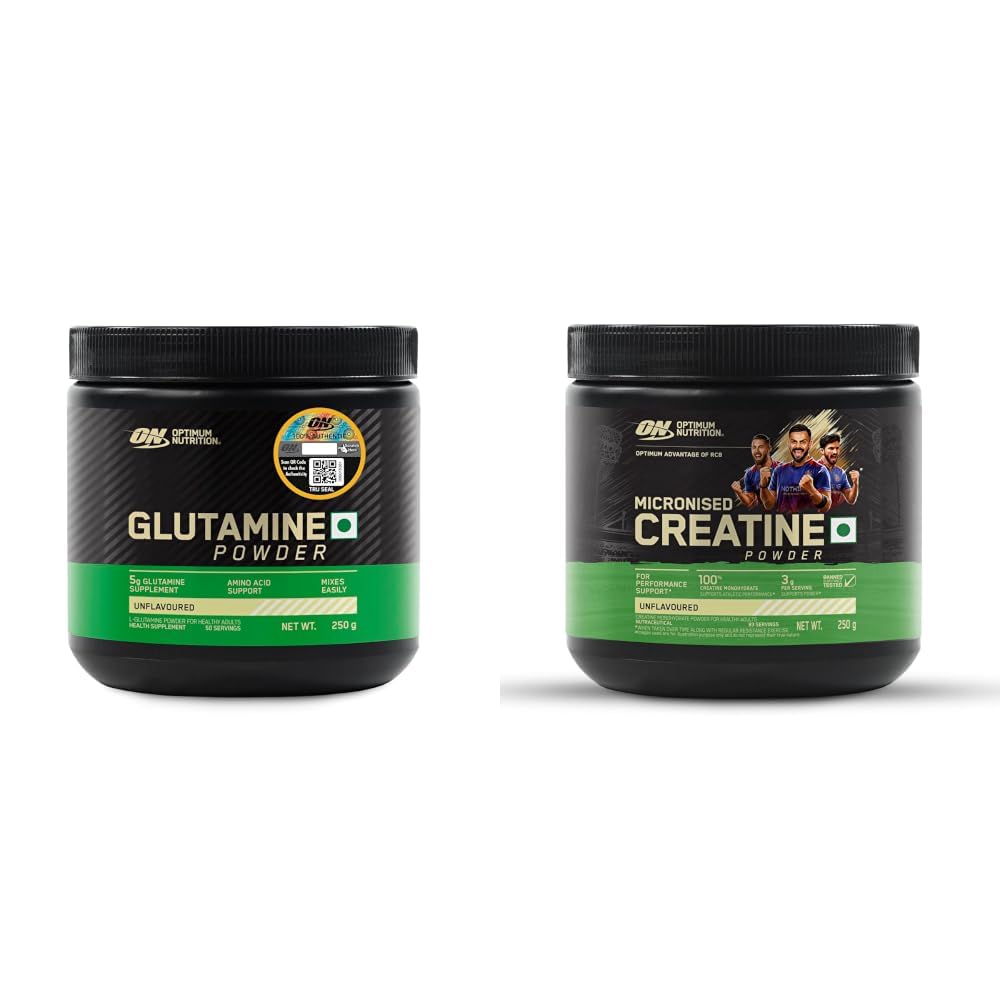 Optimum Nutrition (ON) L-Glutamine Powder- 250 Gram, 50 Serves, 5g Glutamine per serve for Amino Acid Support & Muscle Recovery, Unflavoured. & RCB Limited Edition (ON) Micronized Creatine Powder –-image-16