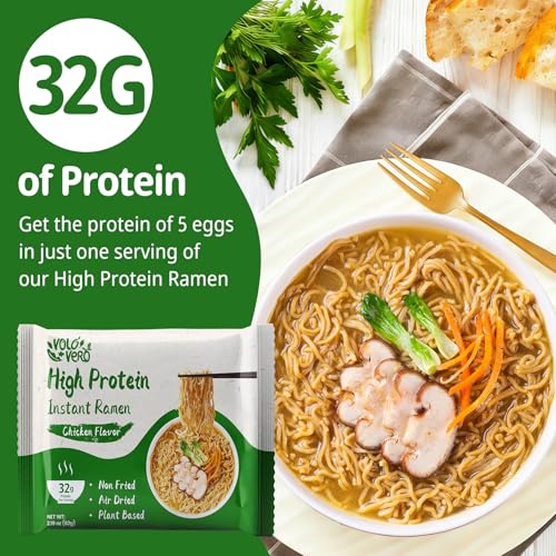 Image of VOLO VERO High Protein (32g) Instant Ramen Chicken Flavor Noodles Soup, Plant-Based, Air-Dried, Non-Fried, Low Carb, Egg-Free, Ready to Eat, Dairy Free Healthy Meal, 8 Pack