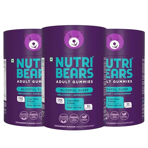 Image of NutriBears Blissful Sleep Melatonin Gummies with Ashwagandha for Mind and Body Deep, Restful, Calming Nighttime Relaxation, Ease Jet Lag, Strawberry Flavour, 90 Gummy Chewables