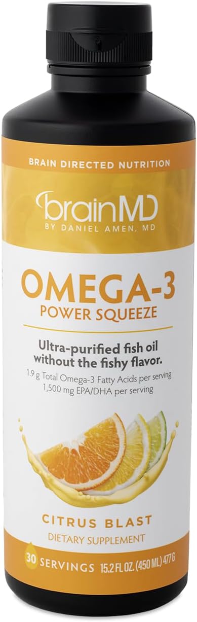 BRAINMD Dr Amen Omega-3 Power Squeeze, Citrus Blast - 16.8 oz - Fish Oil - Supports Cardiovascular, Brain & Immune System Health - Gluten Free - 30 Servings