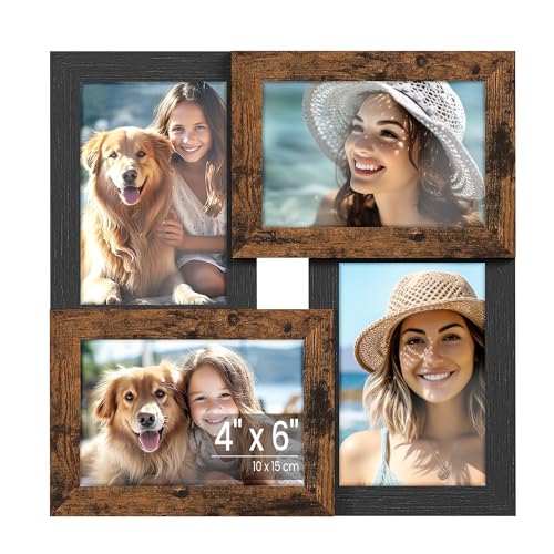 SONGMICS Collage Picture Frames, 4x6 for Wall Decor, Multi Family Photo for Gallery Decor, Hanging Display, Set of 4, Ink Black and Rustic Brown URPF025K01 Ink Black + Rustic Brown