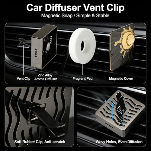 Image of Magnetic Car Air Freshener Vent Clip, Black Gold Zinc Alloy Car Diffuser for Vehicle Interior Decor Gift