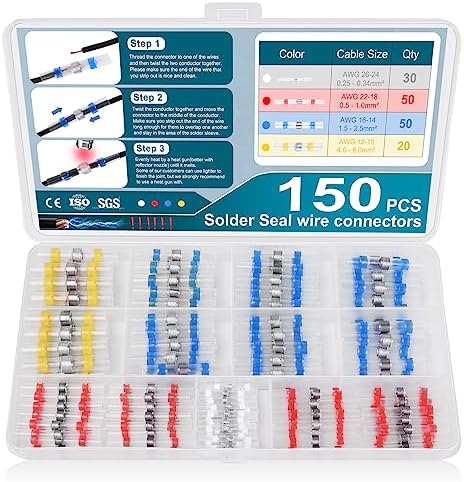 150PCS Solder Seal Wire Connectors, Self Soldering Heat Shrink Butt Connectors Solder Sleeve, Solder Seal Butt Connectors Kit Waterproof Electrical Splice Terminals for Marine Automotive Truck