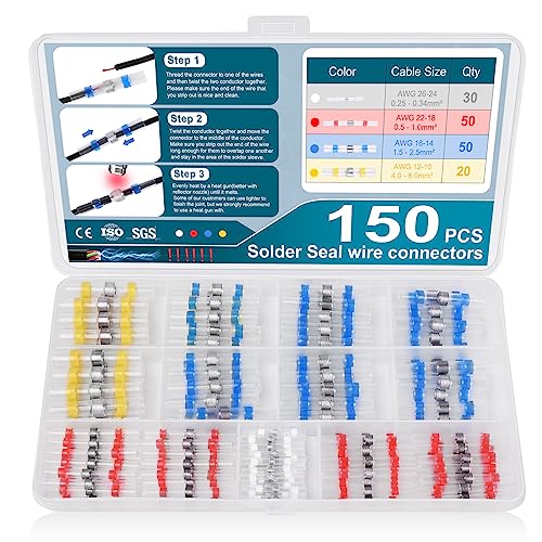 150Pcs Solder Seal Wire Connectors, Self Soldering Heat Shrink Butt Connectors Solder Sleeve, Solder Seal Butt Connectors Kit Waterproof Electrical Splice Terminals For Marine Automotive Truck #TOP23