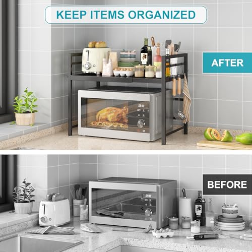 Image of DOLALIKE Microwave Oven Rack, Expandable Microwave Stand Countertop Kitchen Utensils Tableware Storage, Carbon Steel Over Microwave Shelf Countertop with 3 Hooks | Adjustable Microwave Oven Rack Metal Storage Shelf for Pans Small Appliances Kitchen Utensils, 2- Tier