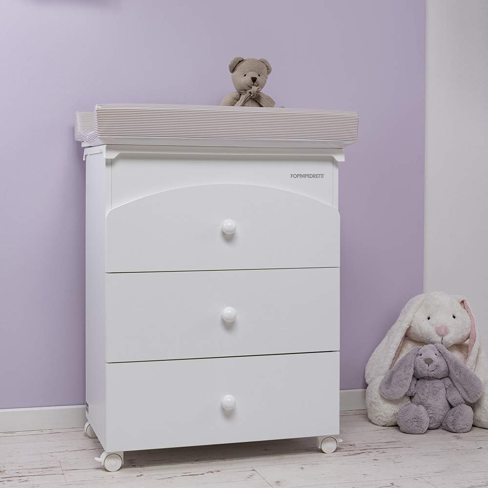 Foppapedretti Bagnetto Fasciatoio IlBagnetto, Legno, 3 Cassetti, Piano Ribaltabile, Vaschetta Anatomica Estraibile, 4 ruote, Materassino Incluso, 89x46x69 cm, Bianco