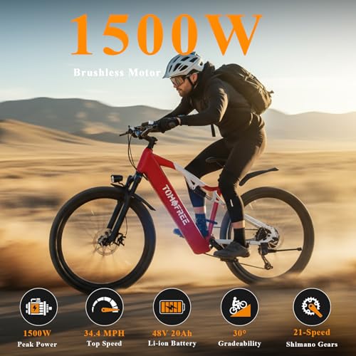 Image of Tomofree 26 inch Electric Bike for Adult, Peak 1500W Brushless Motor Mountain E Bike, 34.4MPH Top Speed Ebike, 21 Speed, Up to 40 Miles, 48V 20Ah Battery for Commuter Electric Bicycle.