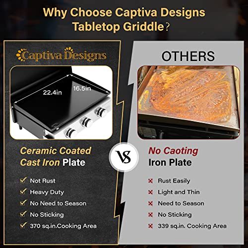 Captiva Designs Tabletop Griddle with Ceramic Coated Cast Iron Plate, 22 in Portable Flat Top Propane Gas BBQ Grill Griddle Camping, Outdoor & Tailgating, 24,000 BTU Output, 3 Stainless Steel Burners - Image 3