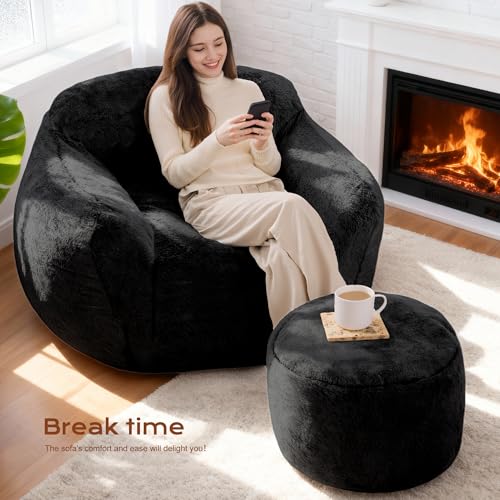 Image of Homguava Giant Bean Bag Chairs for Adults,Large Bean Bag Couch with Ottoman | Big Beanbag Chair with Memory Foam Filled,Oversized Bean Bag Sofa,Faux Fur Floor Sofa Chair for Bedroom Living Room-Black
