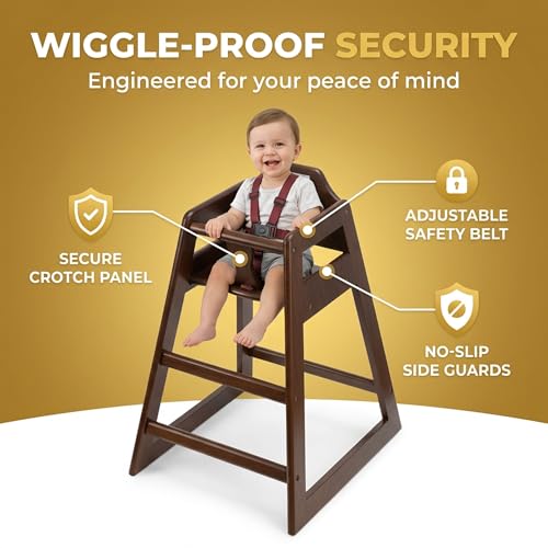 Image of Dark Brown Wooden Restaurant High Chair - Stackable Rubberwood Dining Chair with Safety Bar, Easy-Clean Finish, Commercial Restaurant Seating