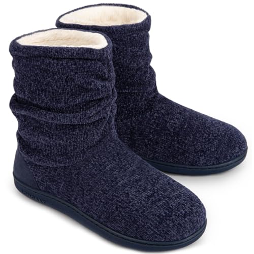 LongBay Women's Cozy Winter Slipper Boots Warm Chenille Knit Bootie Memory Foam Non-Slip Indoor Outdoor House Shoes (Large / 9-10 B(M), Navy Blue)