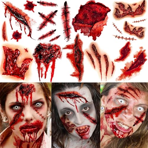 9 Blatt Halloween Fake Narben Tattoos Damen Herren Erwachsene, Fake Wunde Blut Verletzung Schnitt Kratzer Stiche Temporäre Tattoos Aufkleber, Vampir Gesicht Halloween Zombie Make Up Kit Zubehör