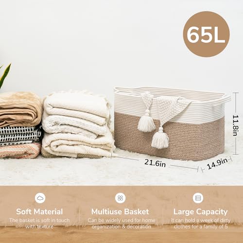 Goodpick Large Storage Basket 21.6" x 14.9" x 11.8", Blanket Baskets for Living Room, Woven Rope Storage Basket for Toys, Towels, Rectangle Laundry Dirty Clothes Baskets for Nursery, Mix Brown by Goodpick - Image 3