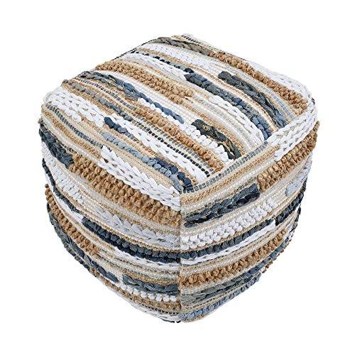 Pasargad Home Grandcanyon Shaggy Pouf, Cotton Ottoman, Hand Woven- Polly Beads Stuffed Pouf-Sitting, Foot Stool- Square Poufs for Living Room- Luxury Room Decor, 17