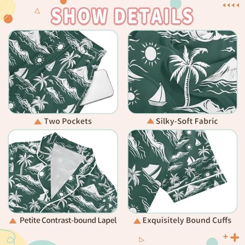 senya Green Palm Tree Sailboat Sun Satin Summer Pajama Sets Silk Short Sleeve Button Down Sleepwear3