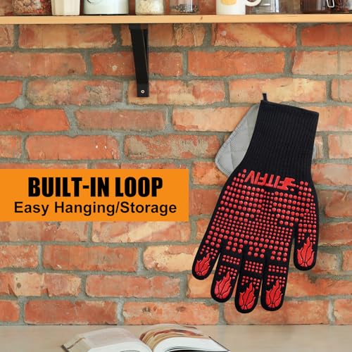 Image of BBQ Gloves, Oven Gloves, 1472F Extreme Heat Resistant Barbecue Gloves, Silicone Non-Slip Oven Mitts, Kitchen for Cooking, Grilling, and Baking (Red)