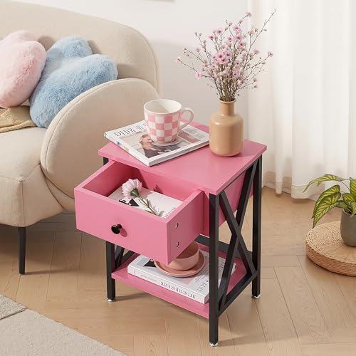 Image of VECELO Nightstand,Modern Bedside End Table, Night Stand with Drawer and Storage Shelf for Living Room Bedroom, Industrial Metal Frame