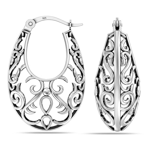 Image of TRUESILVER ACPL 925 Sterling Silver BIS Hallmarked Filigree Hoop Earrings for Women & Girls | Lightweight Designer Oval /Round Hoops | Everyday Wear | Gift for Her