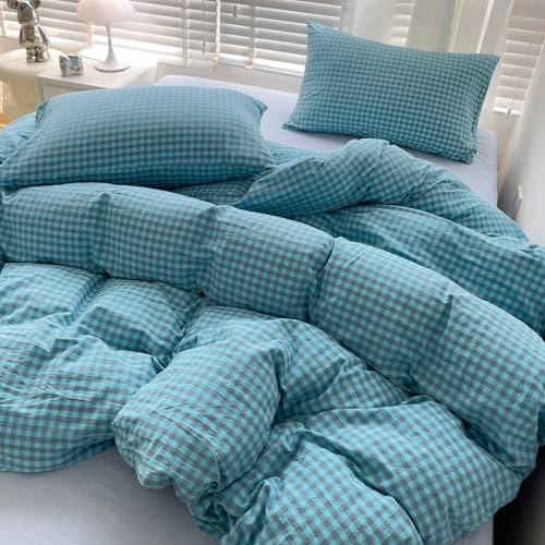 Image of LifeTB Queen Comforter Set Blue Grey Gingham Comforter with 2 Pillowcases Modern Style Geometric Plaid Grid Comforter Farmhouse Gingham Bedding Set 3 Pieces Fluffy Checkered Comforter Set