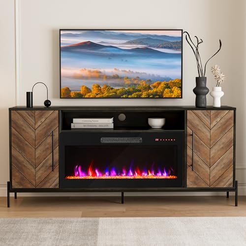 BELLEZE 68" TV Stand with 36" Electric Fireplace Heater, Entertainment Center with Storage Cabinet, Console Table for TVs up to 75" for Living Room, Bedroom - Harper (Black Ebony)